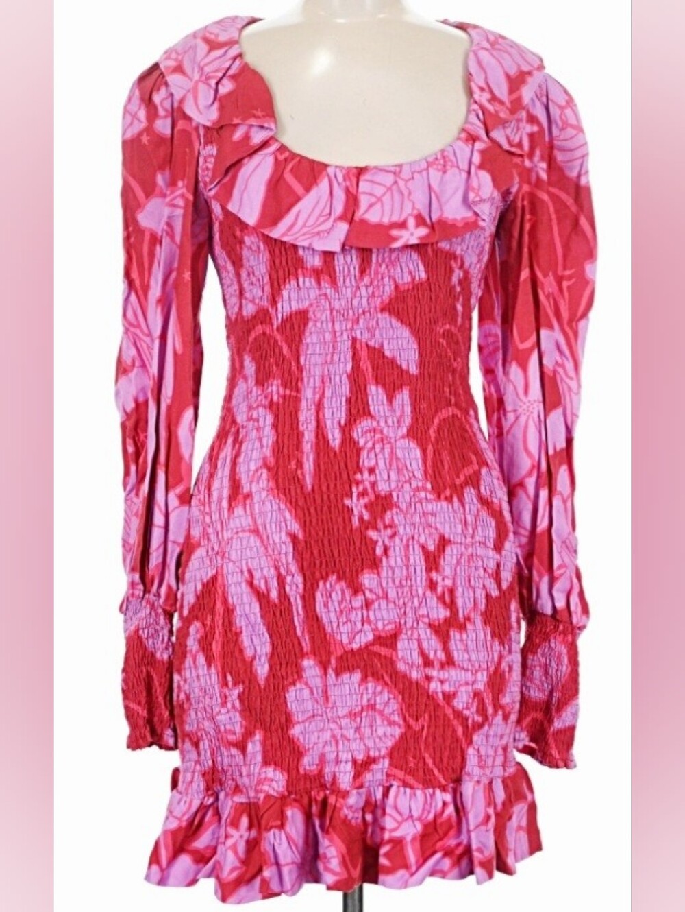 FARM Rio Red and Pink Floral Smocked Long-Sleeve Dress